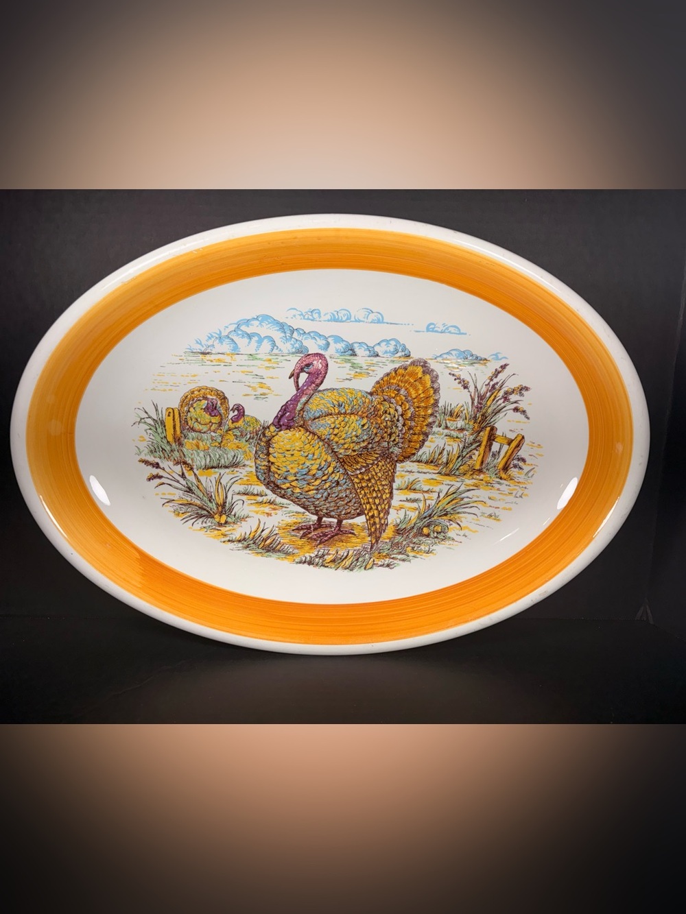La Primula Italy Turkey Serving Platter 19” Orange Rim Thanksgiving Ceramic